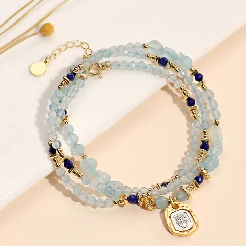 Collana Bracciale Multistrato Di Perline In Cristallo Naturale Peridoto Acquamarina Ciondolo Viso Goffrato Vintage