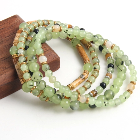Handmade Natural Prehnite Picture Stone Beaded Bracelet With Gold Plated Stainless Steel Spacers Ethnic Women Jewelry