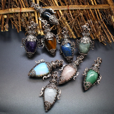 Vintage Pendulum Pendant Necklace Natural Gemstone Hollow Copper Cage Crown Teardrop Mystical Gothic Jewelry For Women