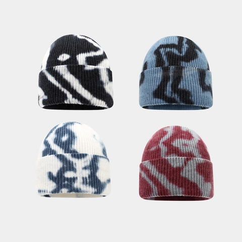 Tie Dye Ribbed Knitted Beanie Hat Slouchy Cuffed Winter Warm Outdoor Streetwear Vintage Viscose For Women