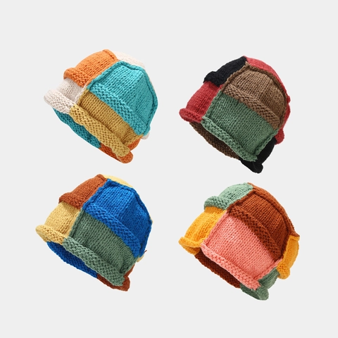 Beanie Knit Hat Patchwork Contrast Color Acrylic Warm Winter Handmade Vintage Women