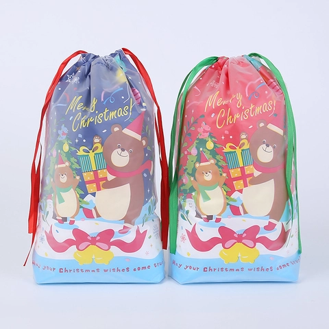 Weihnachten Kordelzug Geschenktüten Kunststoff Band Cartoon Weihnachtsmann Bär Druck Urlaub Party Süßigkeiten Kekse Verpackung