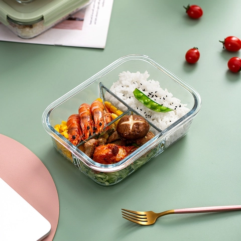 Glass Lunch Box High Borosilicate Microwave Oven Safe Compartment Food Storage Container With Air Vent Sealed Lid