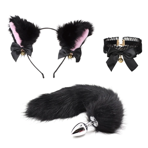 Cat Ears Headband Lace Choker And Plush Tail Cosplay Costume Accessories Faux Fur With Bell Ribbon For Roleplay