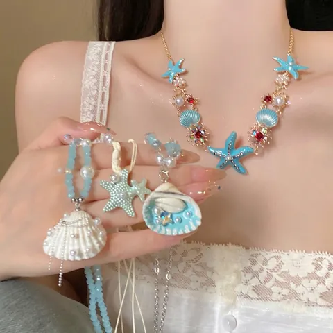 Ocean Shell Starfish Pendant Necklace Handmade Ceramic Bead Wax Rope Beach Vacation Bohemian Style Jewelry For Women