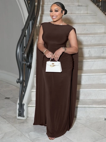 Elegant Brown Backless Ruched Maxi Dress With Cape Sleeve Polyester Spandex Slim Fit Evening Gown For Women Party Wear