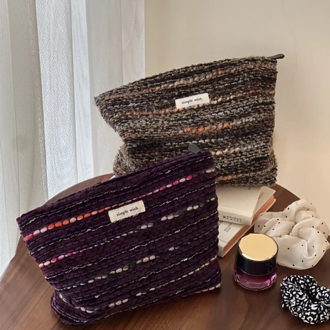 Trousse De Maquillage Rétro En Tweed Laine Tissé Pochette Cosmétique Fermeture Éclair Organisateur De Voyage Pochette Style Ethnique