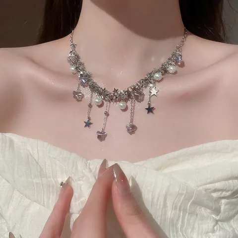 Stainless Steel Butterfly Star Faux Artificial Pearl Tassel Necklace Sweet Fairy Y2K Choker Jewelry For Women