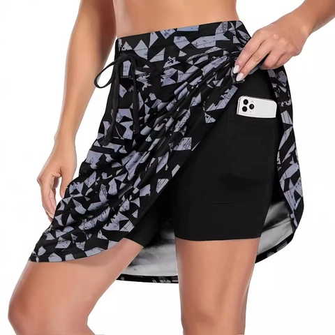 Damen Übergröße Bedruckte Hosenröcke Mit Taschen Doppellagiger Sportlicher Shorts Rock Lässige Hohe Taille Sportbekleidung