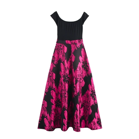 Women Maxi Dress Polyester Sleeveless Round Neck High Waist Floral Print Elegant Summer Party Black And Pink