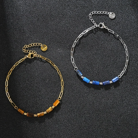 Stainless Steel Paperclip Chain Bracelet With Natural Tiger Eye And Lapis Lazuli Cylindrical Beads Adjustable For Women