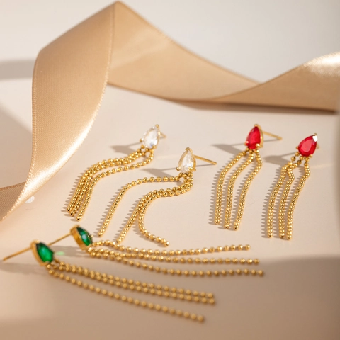 Orecchini Con Nappine In Zircone Cristallo A Goccia D'acqua Acciaio Inossidabile Placcato Oro 18K Gioielli Eleganti Per Donna