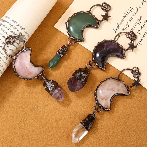Vintage Moon Star Natural Crystal Pendant Necklace Antique Bronze Copper Handmade Boho Jewelry Gift For Women