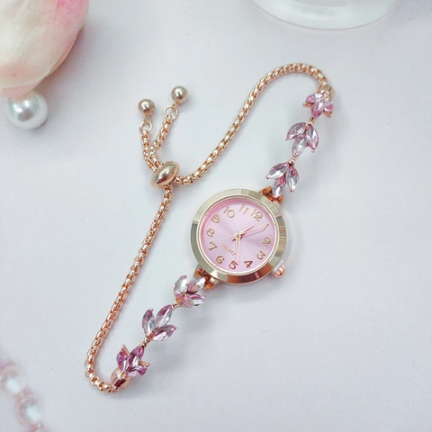 Women Fashion Quartz Bracelet Watch Leaf Wheat Ear Design Rhinestone Inlay Elegant Adjustable Slider Ladies Jewelry Watch