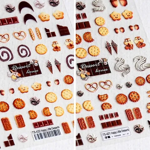 Autocollants Ongles Relief 5D Dessert Biscuits Chocolat 3D Auto-Adhésifs Décoration Manucure Décalcomanies DIY