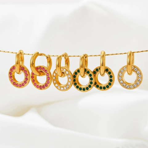 Stainless Steel Hoop Earrings With Detachable Cubic Zirconia Geometric Round Pendant Colorful Pavé Fashion Jewelry Women
