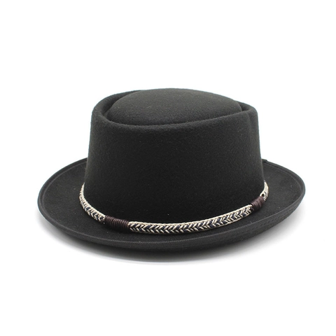 Vintage Wool Felt Pork Pie Hat Retro Flat Top British Style Fedora With Braided Band For Men Women Autumn Winter