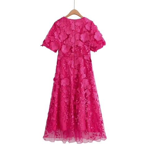 Robe Maxi Femme Applique Florale Texturée Maille Tulle Col En V Manches Bouffantes Élégante Fuchsia Fête Vacances A Ligne