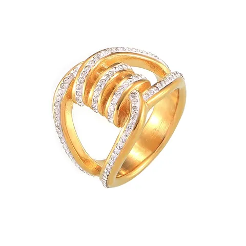 Anillo Geométrico De Doble Capa Acero De Titanio Chapado En Oro 18K Con Pavé Completo De Diamantes Checos Mujer