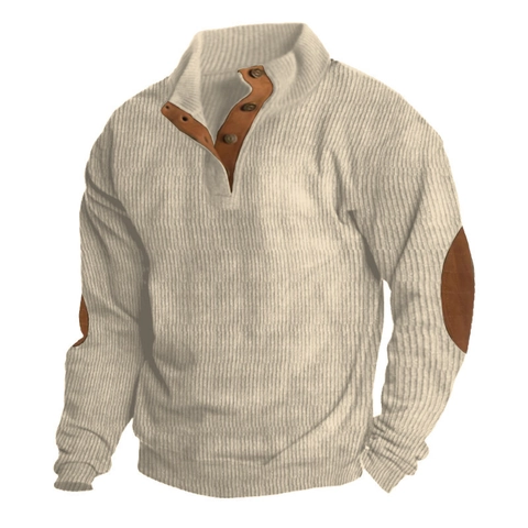 Men's Vintage Corduroy Henley Shirt Long Sleeve Top With Contrast Elbow Patches Solid Color Polyester Ribbed Sweatshirt
