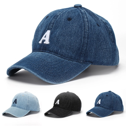 Washed Cotton Denim Baseball Cap With Embroidered Letter A Adjustable Sun Hat Vintage Casual Headwear For Outdoor Sport