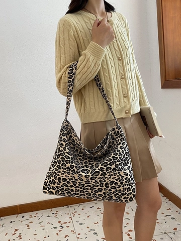 Women Leopard Print Tote Bag Large Capacity Nylon Shoulder Bag Fashion Handbag For Daily Travel Casual