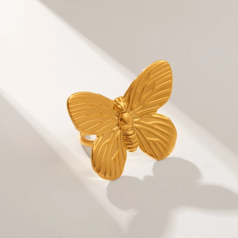 Anillo De Mariposa De Acero Inoxidable Chapado En Oro Abierto Ajustable Estilo Vintage Francés Para Mujer
