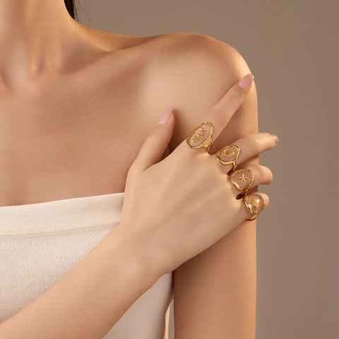 Adjustable Open Ring Stainless Steel Gold Plated Ocean Scallop Shell Starfish Leaf Transparent Resin Jewelry For Women