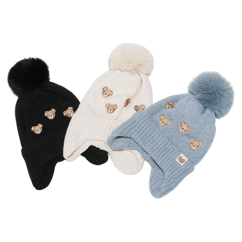 Kids Winter Acrylic Knit Beanie Hat With Ear Protection Bear Embroidery Pom Pom Warm Windproof Cartoon For Toddlers