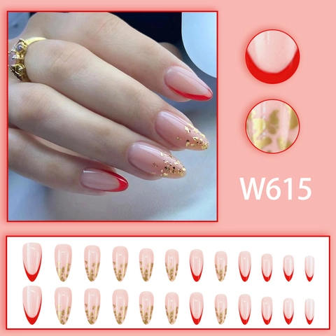Unghie Finte A Pressione Mandorla Punta French Rossa Fiocchi Di Foglia D'Oro Eleganti Unghie Per Decorazione Manicure