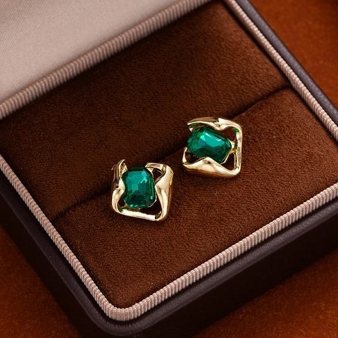 Boucles D'oreilles Puces Vintage Françaises Avec Alliage Verre Strass Rectangulaires Vert Émeraude Et Tige En Argent
