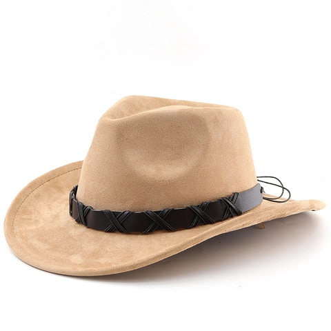 Western Cowboy Hat Wide Brim Faux Suede Fedora Braided Leather Band Adjustable Sun Protection Vintage Outdoor For Men Women