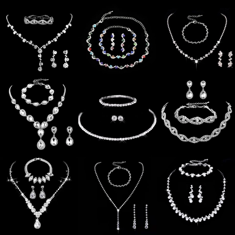 Copper Rhinestone Shiny Teardrop Necklace Earrings Bracelet Bridal Jewelry For Wedding Party Banquet Women Fashion Silver Plated
