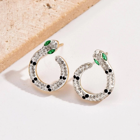 Slangvormige C-Ring Oorbellen Titaniumstaal Wit Email Zwarte Stippen Groene Edelsteenogen Fonkelende Strass-Steentjes Mode Dames