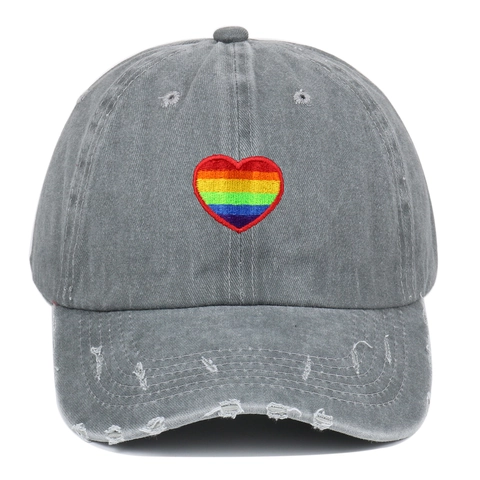 Casquette De Baseball En Coton Lavé Distressed Broderie Coeur Arc-En-Ciel Rétro Hip Hop Ajustable Chapeau Soleil