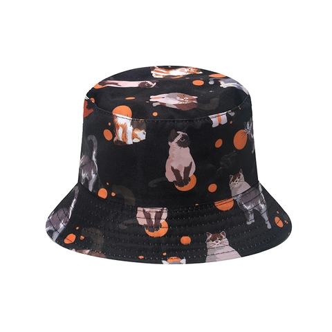Bucket Hat Cute Cat Print Polka Dot Polyester Sun Protection Reversible Summer Outdoor Korean Style For Women
