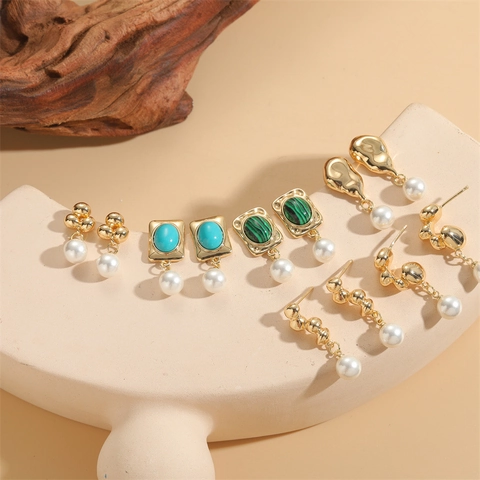Vintage 14K Gold Plated Copper Stud Earrings With Artificial Pearl And Natural Stone Malachite Turquoise For Women Jewelry