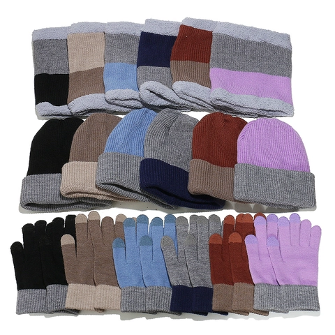 Gorro De Punto Acrílico Calentador De Cuello Y Guantes Táctiles Bloque De Color Térmico Exterior Cálido Para Hombres