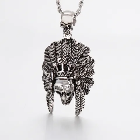 Pendentif Crâne De Chef Indien Plumes Acier Inoxydable Rétro Hip Hop Style Punk Rock Bijoux Pour Hommes
