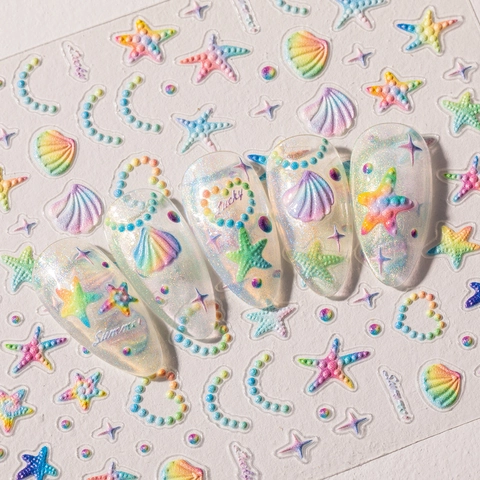 Pegatinas Uñas Relieve 5D Verano Estrella De Mar Concha Perla Artificial Corazón Para Decoraciones Manicura Degradado Blanco
