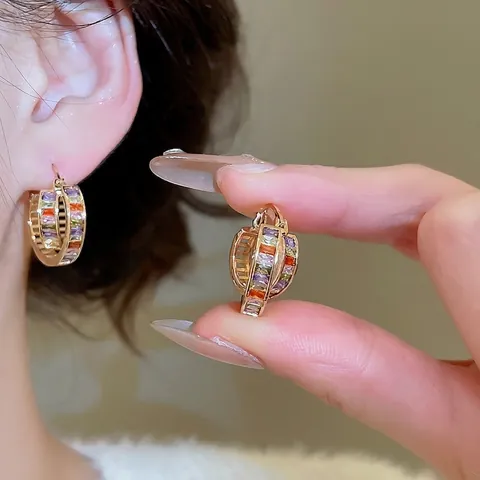 Pendientes De Aro De Cobre Bañados En Oro De 18K Circonita Arcoíris Con Poste De Plata De Ley 925 Elegante Mujer