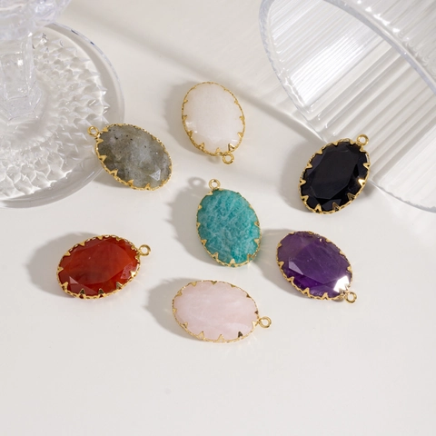 Ciondoli Ovali In Pietra Naturale Amazonite Quarzo Rosa Acciaio Inossidabile Bordo Dorato Accessori DIY