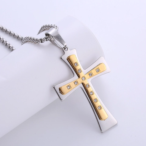 Kreuz Anhänger Halskette 316L Edelstahl Zweifarbig Gold Silber Strass Einlage Religiöser Schmuck Für Herren Damen