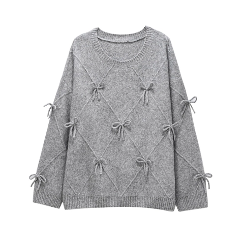 Women Casual Loose Knit Sweater With Bow Decor Argyle Texture Round Neck Long Sleeve Solid Color Soft Pullover Tops