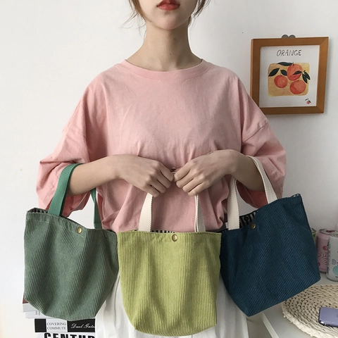 Borsa A Mano In Velluto A Coste Mini Tote Fodera In Cotone A Righe Chiusura A Pressione Piccola Borsa Pranzo Beauty Case