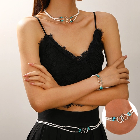 Tobillera de Cuentas Bohemia Doble Capa Cuentas de Semilla Colgante Corazón Aleación Cuentas Resina Turquesa Joyería de Playa Mujer
