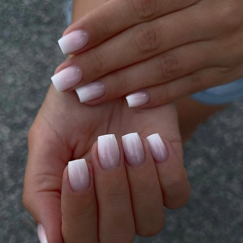 French Ombre Press On Nails Pink White Gradient Glossy Short Square Artificial Fake Nails Women Girls