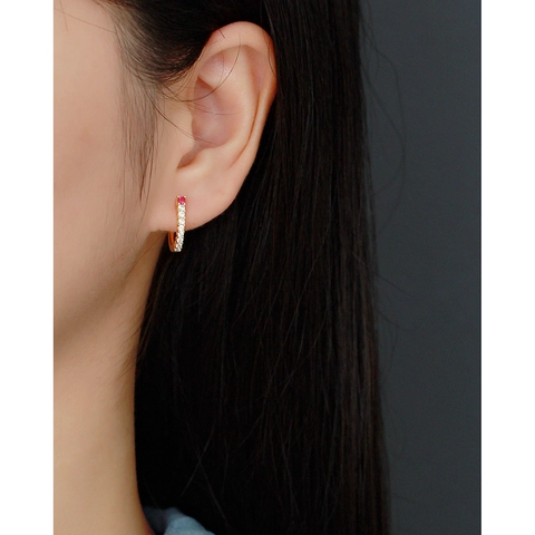 Boucles D'oreilles Huggie Hoop En Argent Sterling 925 Avec Rangée De Zircon Blanc Et Pierre Gemme Rouge Mode Pour Femmes