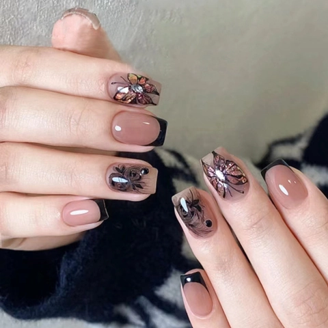 Press On Kunstnagels French Black Tip Cat Eye Vlinder Roos Ontwerp Kort Ballerina ABS Plastic Kunstmatige Manicure
