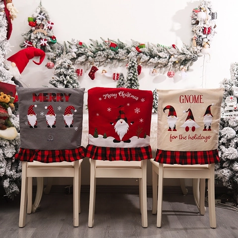 Christmas Chair Back Covers Linen Fabric Buffalo Plaid Gnome Embroidery Ruffle Edge Festive Dining Table Decor